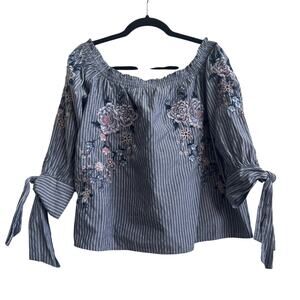 American Eagle Outfitters Blue with White Stripes Floral Off Shoulder Top